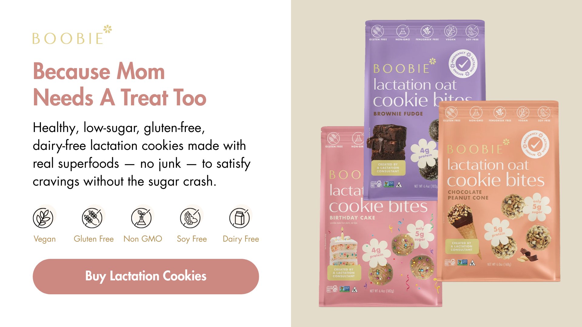 Shop BOOBIE lactation oat cookie bites for a supportive breastfeeding snack in brownie fudge, birthday cake, and chocolate peanut cone flavors.