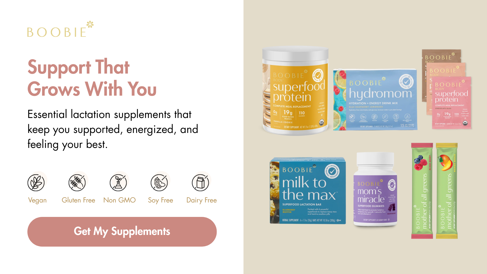Shop BOOBIE lactation supplements including superfood protein, hydromom, and milk to the max bars to support your breastfeeding routine.