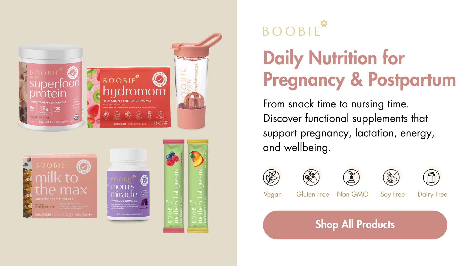 Shop BOOBIE daily nutrition supplements to support energy and wellbeing through pregnancy and postpartum.