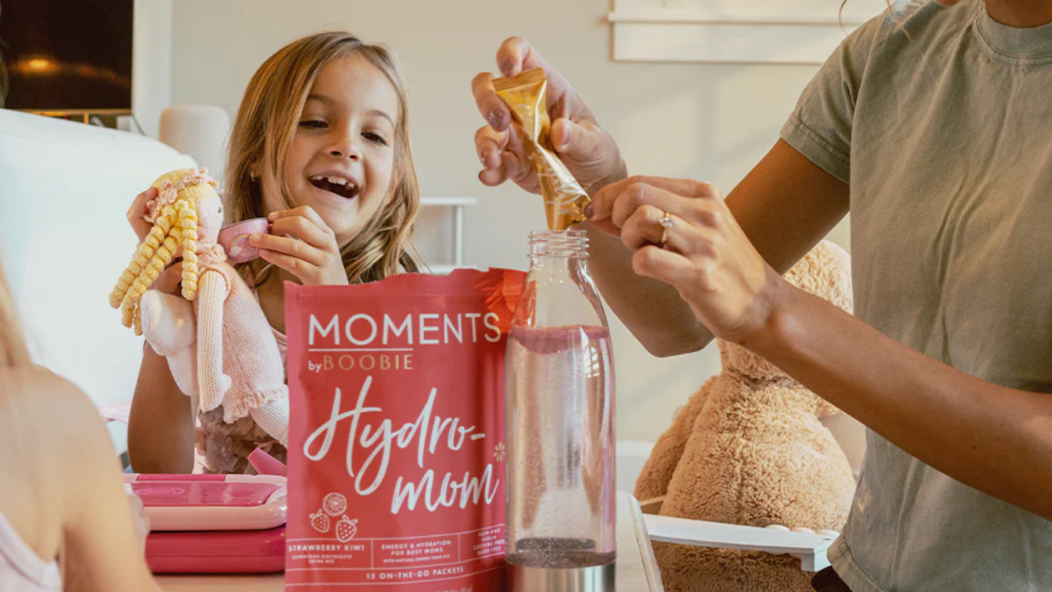 Postpartum mom mixing a nutrient drink 