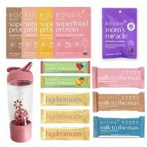 Assorted Boobie* Superfoods products including protein packages, gummies, and bars on a white background.