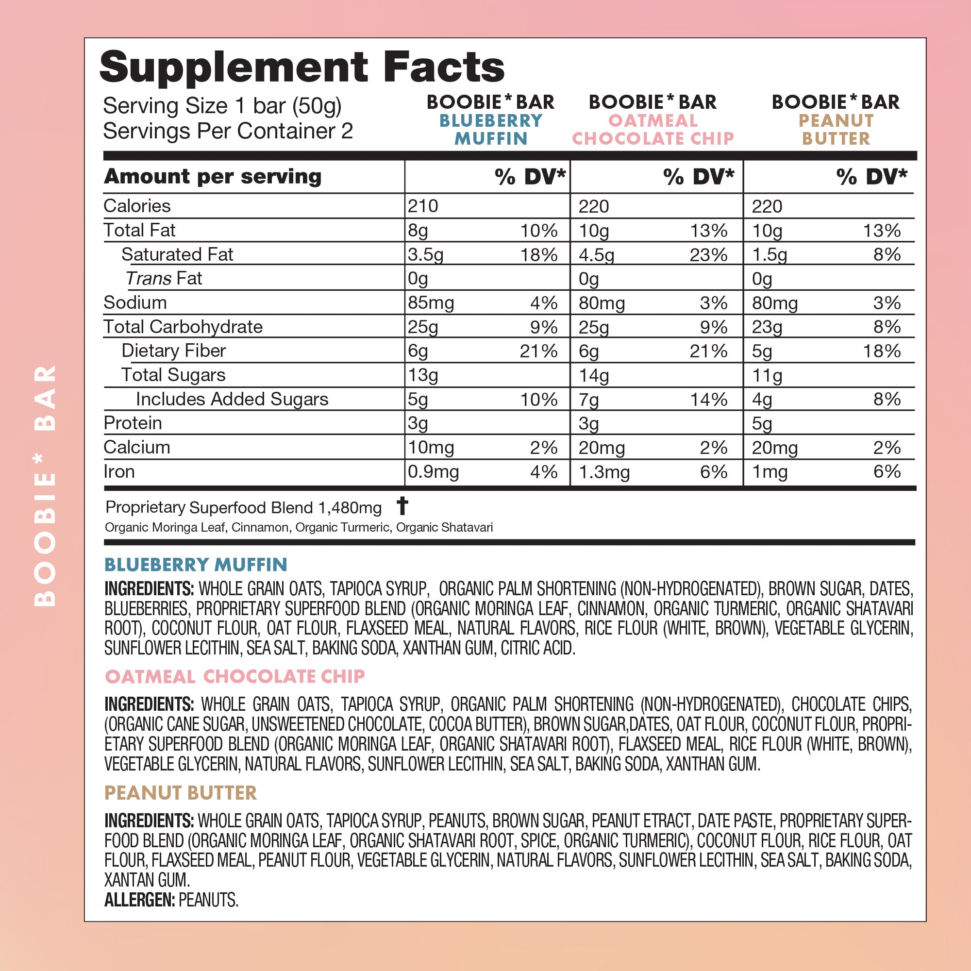 Supplement facts label for Boobie Bar on a pink background