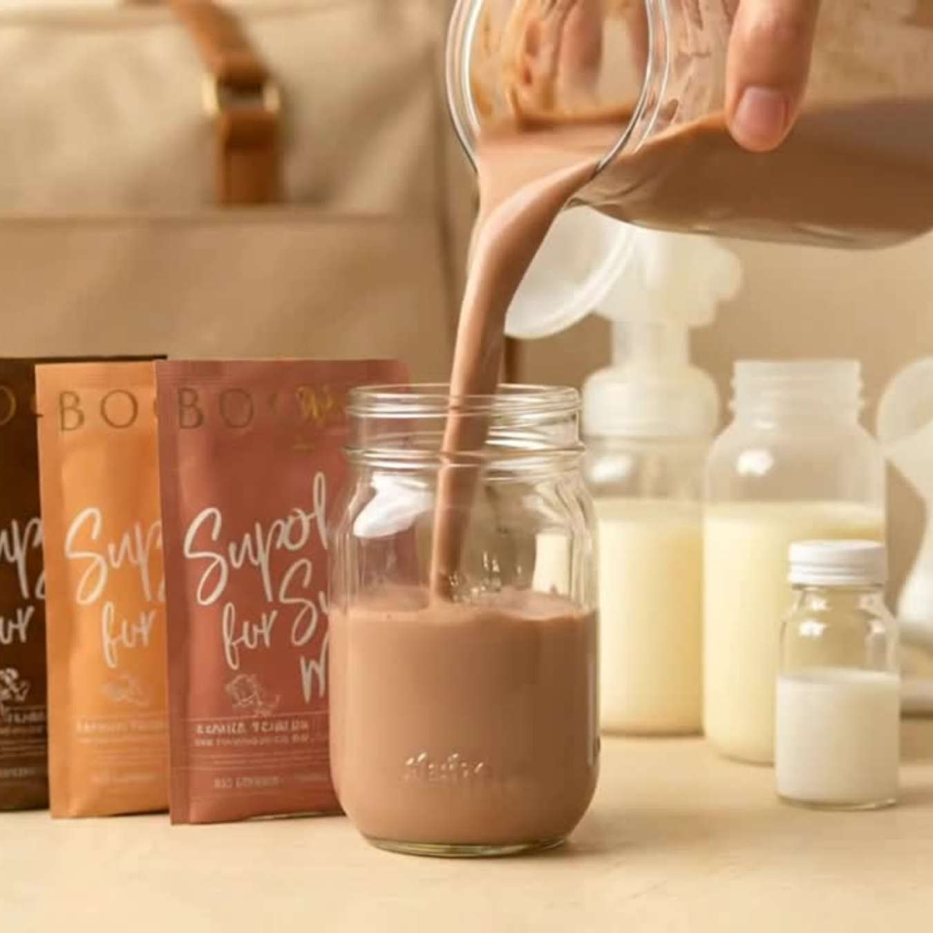 Chocolate Bliss Protein Powder being poured into a mason jar cup. 