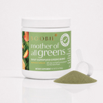 A white plastic jar of Boobie Mother of All Greens dietary supplement with a green label, shown on a white background with a small pile of the green powder and a white scoop in front.