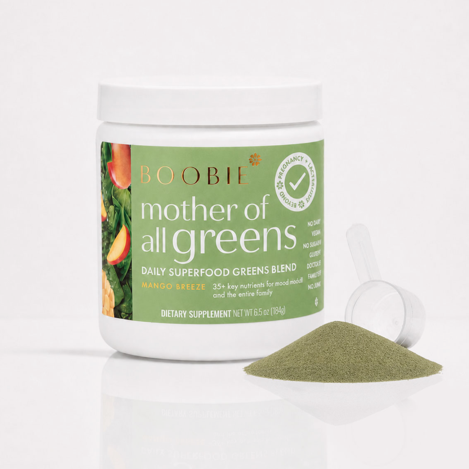 A white plastic jar of Boobie Mother of All Greens dietary supplement with a green label, shown on a white background with a small pile of the green powder and a white scoop in front.