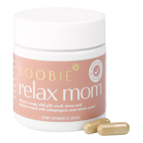 Supplement jar labeled 'Boobie Relax Mom' with capsules on a white background