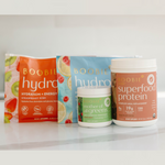 Assorted health and nutrition products on a white surface